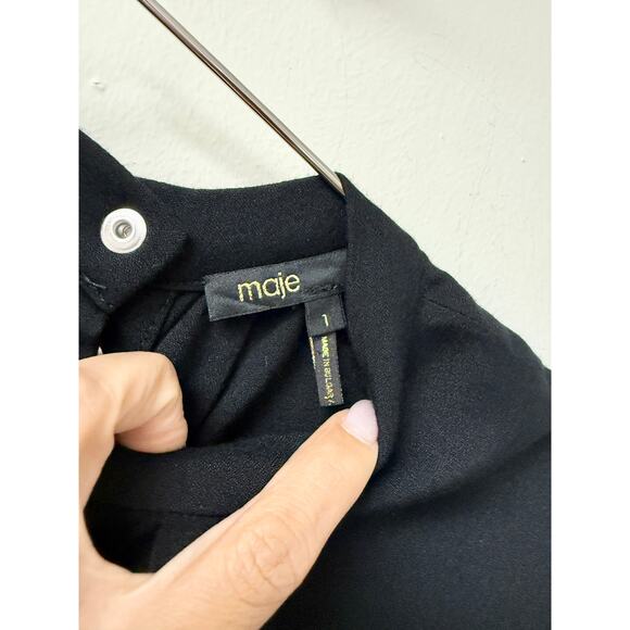 Maje Short Puff Sleeve High Neck Fitted Ruched Mini Dress Black Women's 1 / S - Picture 2 of 4